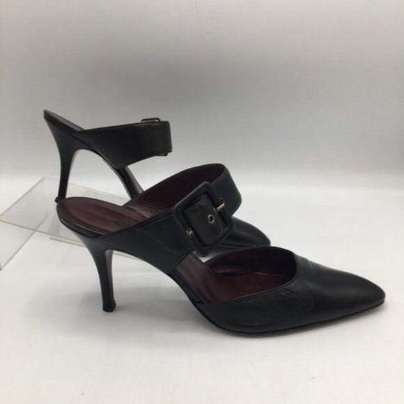Vintage CHANEL Black Leather Interlocking CC Buckle Heeled Mules Size 39.5 Italy - Picture 6 of 8